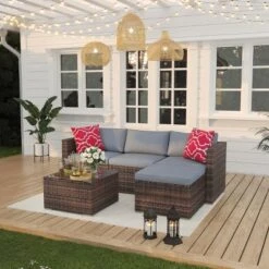 5 Pieces Patio Furniture Set, Outdoor Glass Table And Cushions With Rattan Wicker Chairs, Porch, Balcony, Backyard, Garden -Homfan GUEST 00ff9279 c559 4c20 9721 cb5a87550051 2