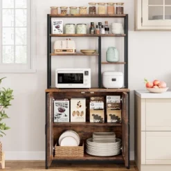 63.78" Bakers Rack With Cabinet And Hooks, 5-Tier Coffee Bar Station With Microwave Space, Brown Industrial Style -Homfan GUEST 0289a1e3 3af0 40ea 8a2c 40e02c5859ac