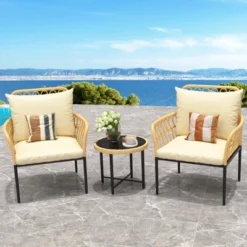 Bistro Set, All-Weather Wicker Patio Conversation Set, Outdoor Sectional Furniture Chairs With Coffee Table & Cushions