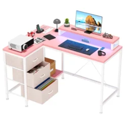 Reversible L Shaped Desk With Power Outlet And 3 Drawer, Computer Desk With Led Lights, Home Office Desk With Monitor Stand,Study Writing Gaming Desk -Homfan GUEST 07455bd4 2957 4d1b 8640 c58983eb624d