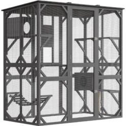 68'' Wooden Catio - 4-Tier Outdoor Cat Enclosure For Multiple Cats, Waterproof Shelter W/ 4 Platforms, 2 Sliding Doors & Scratching Post