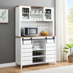 Homfan Farmhouse Coffee Bar Cabinet, Kitchen Hutch Storage With Sliding Barn Door, Tall Sideboard Buffet With Wine Rack, Wine Bar Cabinet,White 14 Homfan Farmhouse Coffee Bar Cabinet, Kitchen Hutch Storage With Sliding Barn Door, Tall Sideboard Buffet With Wine Rack, Wine Bar Cabinet,White -Homfan GUEST 0cd9b1b7 da5c 4cc3 b2b6 bf2f9a59759b
