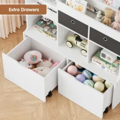 Kids Wooden Bookshelf With 4 Drawers Children Bookcase 47.4in Baby Storage Book Rack Toy Organizer Cabinet Chest Toddle Book Display Shelf -Homfan GUEST 0e4da102 8f58 472a 8926 9b31cfac0347