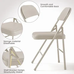 3-Piece Folding Dining Table Set For 4 – Beige Faux Leather Tabletop With 4 Padded Chairs, Space-Saving Modern Square Kitchen & Dining Table