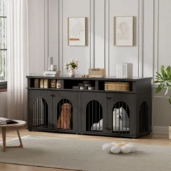 Double Dog Crate Furniture 71" Dog Kennel Furniture For 2 Medium Dogs, Heavy Duty Dogs Cage XL Dogs House W/3 Storage Shelves, Large Puppy Crates