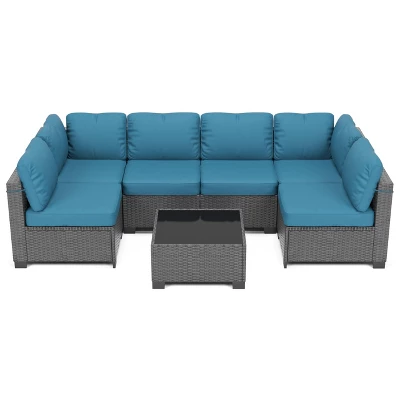 Homfan 7 Piece Outdoor Patio Furniture Set, PE Rattan Conversation Sofa Set, Wicker Patio Set W/Thick Cushions & Glass Top Coffee Table 13 Homfan 7 Piece Outdoor Patio Furniture Set, PE Rattan Conversation Sofa Set, Wicker Patio Set W/Thick Cushions & Glass Top Coffee Table - Image 11