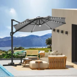 Large Cantilever Patio Umbrella, 10' X 10' Heavy Duty Large Aluminum Outdoor Umbrella With Solar LED Lights & Weighted Base, 360° Rotation -Homfan GUEST 12a6e253 81b0 4786 ab00 df063189f00a