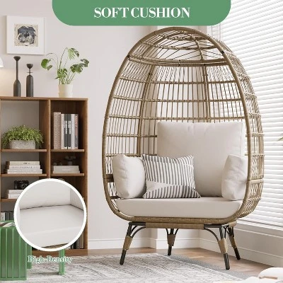Outdoor Patio Wicker Egg Chair, PE Rattan Chair With Thick Cushion, Oversized Indoor Outdoor Lounger, Egg Shaped Seat With Metal Stand, Beige 6 Outdoor Patio Wicker Egg Chair, PE Rattan Chair With Thick Cushion, Oversized Indoor Outdoor Lounger, Egg Shaped Seat With Metal Stand, Beige - Image 5