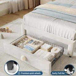 Upholstered Kids Bed Frame With Safe Headboard, Noise-Free Storage Drawer & Strong Wood Slats, Easy Assembly Platform Bed,Beige -Homfan GUEST 1484ad7e 62f9 43ea 8299 bad2b4b2e778