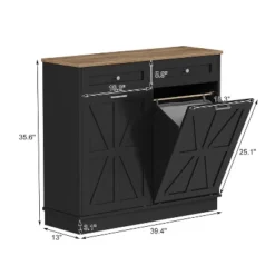 Tilt Out Trash Cabinet, Kitchen Cabinet With Double Hidden Trash Can And 2 Drawers, Wood Laundry Hamper Cabinet For Pantry, Kitchen