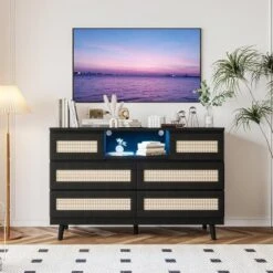 Modern Rattan 6-Drawer Dresser W/ LED Light, Deep Drawers, Wooden Double Dressers For Bedroom, Nursery, Living Room