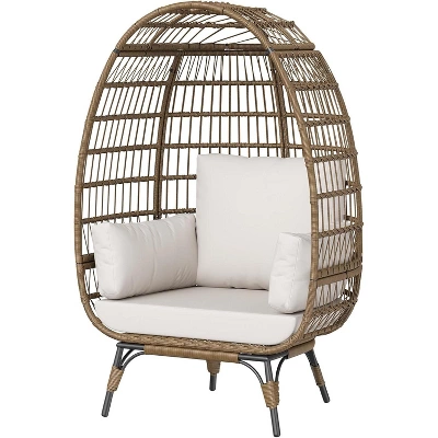 Outdoor Patio Wicker Egg Chair, PE Rattan Chair With Thick Cushion, Oversized Indoor Outdoor Lounger, Egg Shaped Seat With Metal Stand, Beige 7 Outdoor Patio Wicker Egg Chair, PE Rattan Chair With Thick Cushion, Oversized Indoor Outdoor Lounger, Egg Shaped Seat With Metal Stand, Beige - Image 6