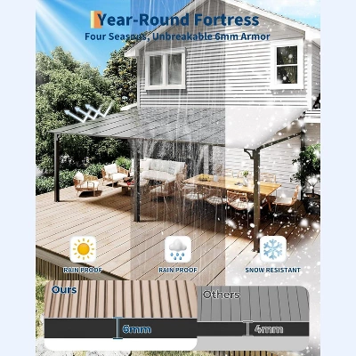 12x20ft Upgraded Lean-to Wall-Mounted Gazebo, 6mm Polycarbonate Roof & Reinforced Aluminum Frame,All-Weather Hardtop Pergola For Patio,Deck,Backyard 8 12x20ft Upgraded Lean-to Wall-Mounted Gazebo, 6mm Polycarbonate Roof & Reinforced Aluminum Frame,All-Weather Hardtop Pergola For Patio,Deck,Backyard - Image 6