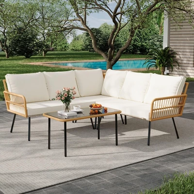 4 Pieces Patio Furniture Sets Wicker Outdoor Sectional L-Shaped With Cushions & Side Table And Chairs Set,Backyard,Porch, Beige 3 4 Pieces Patio Furniture Sets Wicker Outdoor Sectional L-Shaped With Cushions & Side Table And Chairs Set,Backyard,Porch, Beige