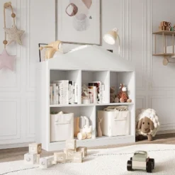 Toy Storage Organizer 5-Cubby Kids Bookshelf, White Wooden Bookcase With Roof Design, Playhouse Cabinet Shelf For Boys And Girls,Kids Room 17 Toy Storage Organizer 5-Cubby Kids Bookshelf, White Wooden Bookcase With Roof Design, Playhouse Cabinet Shelf For Boys And Girls,Kids Room -Homfan GUEST 1a0e74c8 03a0 478b 89d3 f5fe566014d1