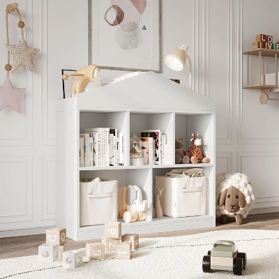 Toy Storage Organizer 5-Cubby Kids Bookshelf, White Wooden Bookcase With Roof Design, Playhouse Cabinet Shelf For Boys And Girls,Kids Room 10 Toy Storage Organizer 5-Cubby Kids Bookshelf, White Wooden Bookcase With Roof Design, Playhouse Cabinet Shelf For Boys And Girls,Kids Room - Image 8