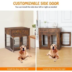 Wooden Dog Crate End Table With 3 Doors, 2 Drawers & Cushion | Furniture-Style Kennel For Small Large Breeds -Homfan GUEST 1b4b7b52 2593 44d2 9e41 2e3a9d8e238e