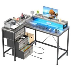 Reversible L Shaped Desk With Power Outlet And 3 Drawer, Computer Desk With Led Lights, Home Office Desk With Monitor Stand,Study Writing Gaming Desk -Homfan GUEST 1f23f04a a37c 481f 8e35 4c158b314ab0