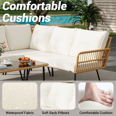 4 Pieces Patio Furniture Sets Wicker Outdoor Sectional L-Shaped With Cushions & Side Table And Chairs Set,Backyard,Porch, Beige 8 4 Pieces Patio Furniture Sets Wicker Outdoor Sectional L-Shaped With Cushions & Side Table And Chairs Set,Backyard,Porch, Beige - Image 6