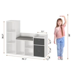Kids Bookshelf, Children Bookcase With Soft Cushion Seat – Children’s Toy Storage Cubby & Reading Nook, 44.1" Kids Storage Cabinet For Playroom
