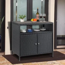 Weatherproof Rattan Storage Cabinet - 2-Door Wicker Patio Box, Outdoor Bar Table For Poolside & Backyard, Garden Furniture -Homfan GUEST 251c48ee 9b06 4d17 a425 09215eb8c205