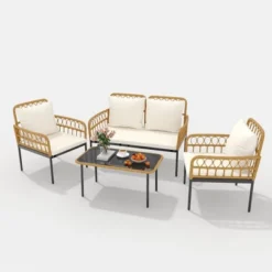 4-Piece Patio Set,Outdoor Wicker Chairs With Glass Table & Cushions,Modern Rattan Bistro Set For Porch,Garden,Balcony -Homfan GUEST 26c2262d 7724 4ad3 afd8 53525ffd9ec3