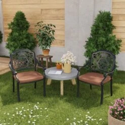 59" Cast Aluminum Outdoor Dining Set, All-Weather Table & Chairs W/Removable Cushions & Umbrella Hole For Patio, Garden, Porch