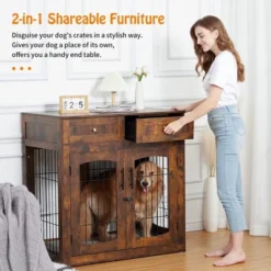 Wooden Dog Crate End Table With 3 Doors, 2 Drawers & Cushion | Furniture-Style Kennel For Small Large Breeds -Homfan GUEST 2a90a56d b50b 4a09 ad6a 1e4d8b270cc6