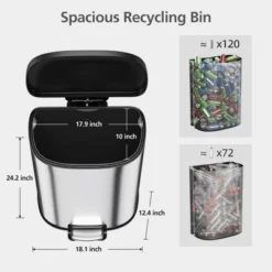 D-Shape 50L Step-On Trash Can, Soft-Close Lid & Removable Bucket, Hands-Free Stainless Steel Kitchen Bin