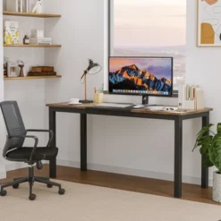 63 Inch Computer Desk, Large Office Desk With Black Metal Frame, Modern Simple Style Gaming Desk, Sturdy Write Desk For Home, Work, Study