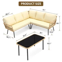 4 Pieces Patio Furniture Sets Wicker Outdoor Sectional L-Shaped With Cushions,Side Table And Chairs Set,Boho Rattan 5 Seater Conversation Sets,Beige