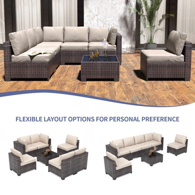 Homfan 7-Piece Outdoor Patio Furniture Set - Waterproof Rattan Sectional Sofa With Cushions & Glass Top Table, Patio Conversation Set For Backyard 4 Homfan 7-Piece Outdoor Patio Furniture Set - Waterproof Rattan Sectional Sofa With Cushions & Glass Top Table, Patio Conversation Set For Backyard - Image 2