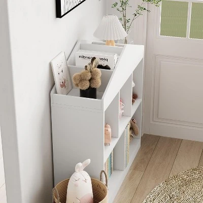 Toy Storage Organizer 5-Cubby Kids Bookshelf, White Wooden Bookcase With Roof Design, Playhouse Cabinet Shelf For Boys And Girls,Kids Room 4 Toy Storage Organizer 5-Cubby Kids Bookshelf, White Wooden Bookcase With Roof Design, Playhouse Cabinet Shelf For Boys And Girls,Kids Room - Image 2