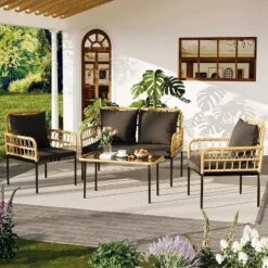 4-Piece Patio Set,Outdoor Wicker Chairs With Glass Table & Cushions,Modern Rattan Bistro Set For Porch,Garden,Balcony -Homfan GUEST 3507fc43 c28b 471b b378 976e47af82c6