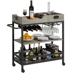 3-Tier Home Bar Cart, Bar Cart W/Wheels, Bar Cart, Two Portable Trays/Wine Rack/Industrial Serving Cart, For Kitchen, Living Room, Dining Room, Grey 17 3-Tier Home Bar Cart, Bar Cart W/Wheels, Bar Cart, Two Portable Trays/Wine Rack/Industrial Serving Cart, For Kitchen, Living Room, Dining Room, Grey -Homfan GUEST 370d9bc4 d639 4fdd 80fa bb0b7d5b2bc9