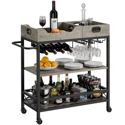 3-Tier Home Bar Cart, Bar Cart W/Wheels, Bar Cart, Two Portable Trays/Wine Rack/Industrial Serving Cart, For Kitchen, Living Room, Dining Room, Grey 10 3-Tier Home Bar Cart, Bar Cart W/Wheels, Bar Cart, Two Portable Trays/Wine Rack/Industrial Serving Cart, For Kitchen, Living Room, Dining Room, Grey - Image 8