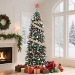 Pre-Lit Slim Christmas Tree With Warm White Lights, Pine Cones & Metal Stand — Weather-Resistant PVC Tips, 6/7.5/9/12 Ft