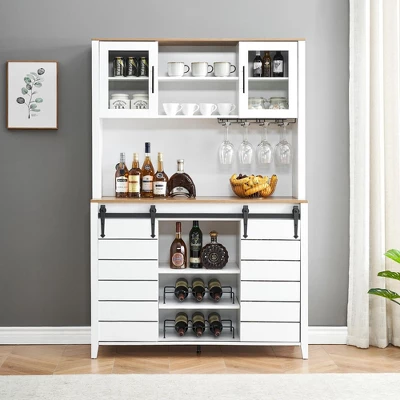 Homfan Farmhouse Coffee Bar Cabinet, Kitchen Hutch Storage With Sliding Barn Door, Tall Sideboard Buffet With Wine Rack, Wine Bar Cabinet,White 9 Homfan Farmhouse Coffee Bar Cabinet, Kitchen Hutch Storage With Sliding Barn Door, Tall Sideboard Buffet With Wine Rack, Wine Bar Cabinet,White - Image 7