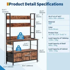 Industrial 5-Tier Bakers Rack With Power Outlet, Microwave Stand With Storage Cabinet & 10 Hooks For Kitchen Organization