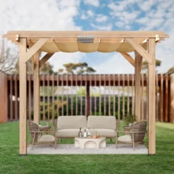Cedar Wood Pergola With Retractable Oxford Fabric Roof, Wooden Outdoor Patio Canopy Gazebo With Shade -Homfan GUEST 3cb567d8 1780 4d63 ab66 b331e8faf2fe
