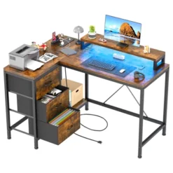 Reversible L Shaped Desk With Power Outlet And 3 Drawer, Computer Desk With Led Lights, Home Office Desk With Monitor Stand,Study Writing Gaming Desk -Homfan GUEST 3ded200f 2bc7 4f1c 8c4d e41b19650a0b
