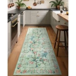 Washable Floral Peacock Print Rug - Low Pile Reversible Accent Carpet For Bedroom, Kitchen, Nursery & Living Room