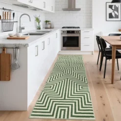Kitchen Runner Rug Washable Non-Slip, Modern Geometric Green Low Pile Carpet For Hallway Bathroom Bedroom, Foldable Striped Floor Mat