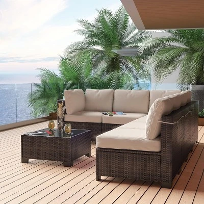 Homfan 7 Piece Outdoor Patio Furniture Set, PE Rattan Conversation Sofa Set, Wicker Patio Set W/Thick Cushions & Glass Top Coffee Table 7 Homfan 7 Piece Outdoor Patio Furniture Set, PE Rattan Conversation Sofa Set, Wicker Patio Set W/Thick Cushions & Glass Top Coffee Table - Image 5