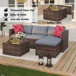 5 Pieces Patio Furniture Set, All-Weather Wicker Sectional Sofa With Glass Coffee Table And Ottoman For Balcony, Porch, Garden