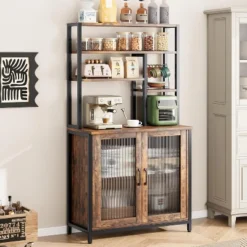 63.78" Bakers Rack With Cabinet And Hooks, 5-Tier Coffee Bar Station With Microwave Space, Brown Industrial Style