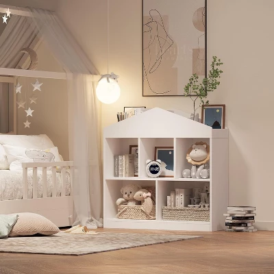 Toy Storage Organizer 5-Cubby Kids Bookshelf, White Wooden Bookcase With Roof Design, Playhouse Cabinet Shelf For Boys And Girls,Kids Room 6 Toy Storage Organizer 5-Cubby Kids Bookshelf, White Wooden Bookcase With Roof Design, Playhouse Cabinet Shelf For Boys And Girls,Kids Room - Image 4