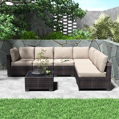 Homfan 7-Piece Outdoor Patio Furniture Set - Waterproof Rattan Sectional Sofa With Cushions & Glass Top Table, Patio Conversation Set For Backyard 6 Homfan 7-Piece Outdoor Patio Furniture Set - Waterproof Rattan Sectional Sofa With Cushions & Glass Top Table, Patio Conversation Set For Backyard - Image 4