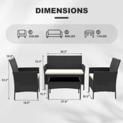 Homfan 4-Piece All-Weather Wicker Patio Set, Outdoor Rattan Conversation Furniture With Cushions & Glass Table, For Garden, Porch, Poolside