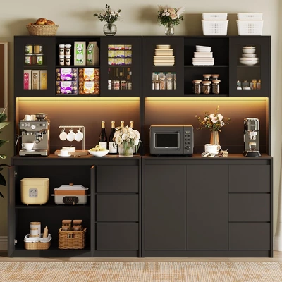71" Tall Kitchen Pantry Cabinet, Kitchen Storage Hutch With Led Lights And Power Outlets, Microwave Stand, Glass Door, Adjustable Shelves 7 71" Tall Kitchen Pantry Cabinet, Kitchen Storage Hutch With Led Lights And Power Outlets, Microwave Stand, Glass Door, Adjustable Shelves - Image 5